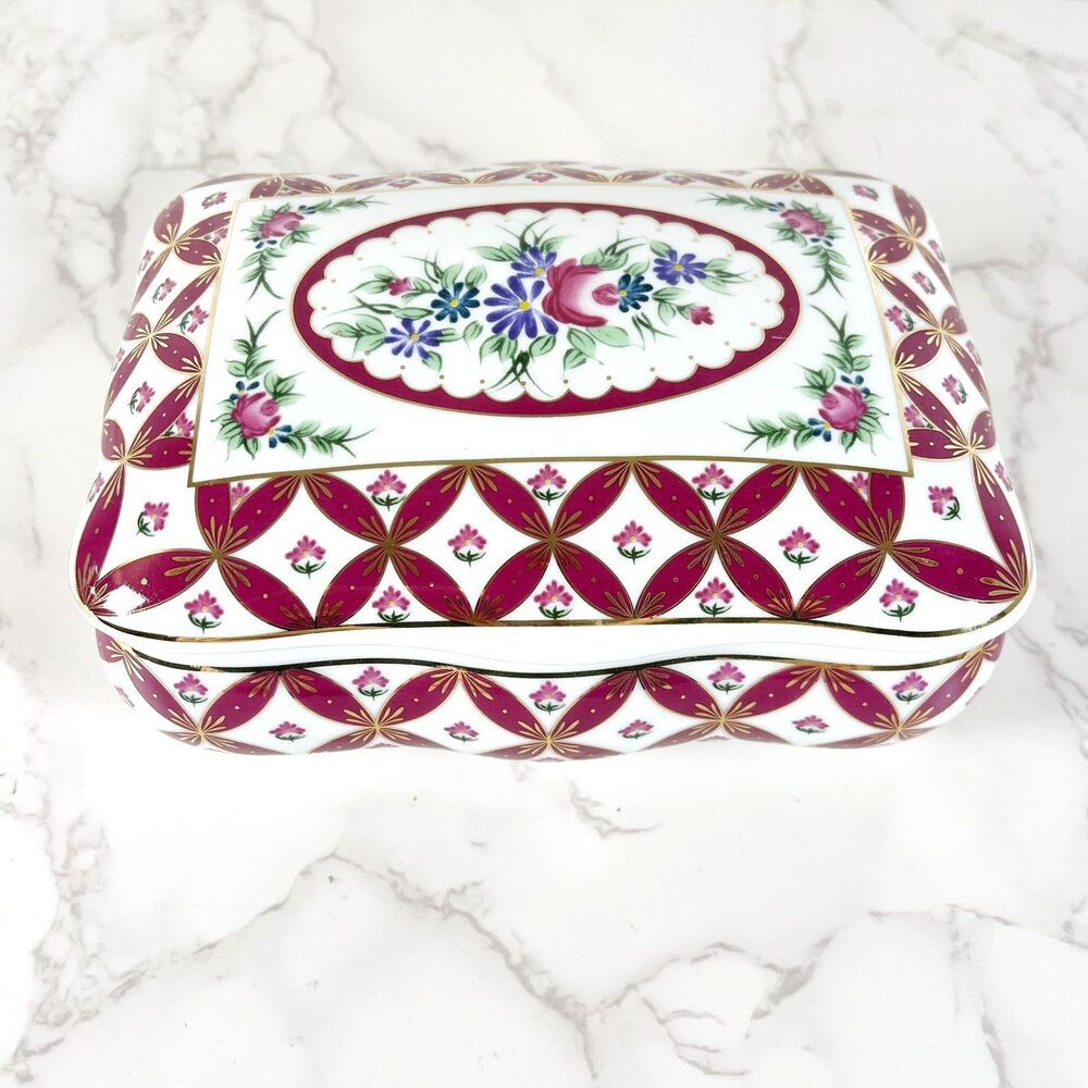 Vintage 2003 Limited Edition Porcelain Trinket Box Burgundy Lattice & Floral